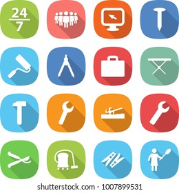 flat vector icon set - 24 7 vector, team, monitor arrow, nail, repair, drawing compasses, suitcase, iron board, hammer, wrench, soil cutter, pruner, vacuum cleaner, clothespin, woman with duster