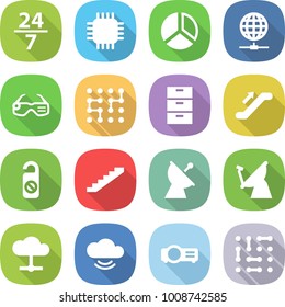 flat vector icon set - 24 7 vector, chip, diagram, globe connect, smart glasses, archive, escalator, do not distrub, stairs, satellite antenna, cloud, service, projector, circuit
