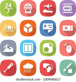 flat vector icon set - 24 7 vector, notebook globe, weather management, nano tube, project, 3d, location details, ticket, surfer, power switch, atom core, wireless mouse, blender, rain cloud, wiping