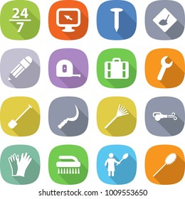 flat vector icon set - 24 7 vector, monitor arrow, nail, under construction, pencil, measuring tape, suitcase, wrench, shovel, sickle, rake, blower, gloves, brush, woman with duster