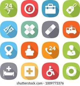 flat vector icon set - 24 7 vector, info, doctor bag, medical label, crutch, patch, ambulance car, harness, hospital recieption, phone, support manager, first aid, invalid, lifebuoy