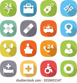 flat vector icon set - 24 7 vector, doctor bag, medical label, crutch, patch, ambulance car, harness, kidneys, hospital recieption, phone, support manager, first aid, invalid, lifebuoy