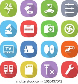 flat vector icon set - 24 7 vector, touch, electric car, equalizer, microscope, invoice, camera, cooler fan, tv, pipes, coil, helicopter, server, sd card, no signal, wrench