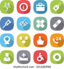 flat vector icon set - 24 7 vector, info, doctor bag, medical label, crutch, patch, harness, kidneys, hospital recieption, phone, support manager, invalid, lifebuoy