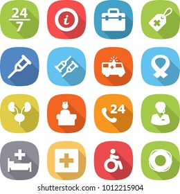 flat vector icon set - 24 7 vector, info, doctor bag, medical label, crutch, ambulance car, harness, kidneys, hospital recieption, phone, support manager, first aid, invalid, lifebuoy