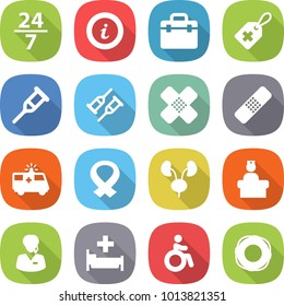 flat vector icon set - 24 7 vector, info, doctor bag, medical label, crutch, patch, ambulance car, harness, kidneys, hospital recieption, support manager, invalid, lifebuoy