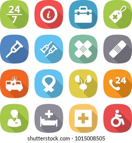 flat vector icon set - 24 7 vector, info, doctor bag, medical label, crutch, patch, ambulance car, harness, kidneys, phone, support manager, hospital, first aid, invalid