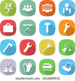 flat vector icon set - 24 7 vector, group, server, workman, suitcase, iron board, hammer, wrench, axe, rake, vacuum cleaner, clean floor, gloves, brush, washing