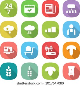 flat vector icon set - 24 7 vector, calendar, newspaper, structure, cloud service, wireless, sorting, workman, trailer, baggage trolley, router, mushroom, spike, hive