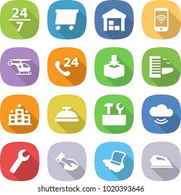flat vector icon set - 24 7 vector, delivery, warehouse, phone wireless, ambulance helicopter, package, hotel, service bell, repair tools, cloud, wrench, wiping, floor washing, iron