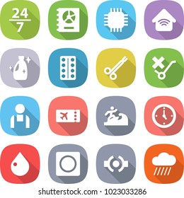 flat vector icon set - 24 7 vector, annual report, chip, wireless home, cleanser, pills blister, surgical clamp, do not trolley sign, workman, ticket, surfer, watch, drop, ring button, connect