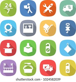 flat vector icon set - 24 7 vector, courier, pencil wrench, delivery, medal, tools, trolley, do not hook sign, package, distrub, rag, skysrcapers cleaning, washing powder, home call