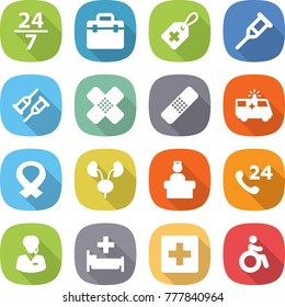 flat vector icon set - 24 7 vector, doctor bag, medical label, crutch, patch, ambulance car, harness, kidneys, hospital recieption, phone, support manager, first aid