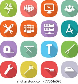 flat vector icon set - 24 7 vector, team, monitor arrow, group, pencil wrench, server, draw compass, measuring tape, iron board, hammer, fork, rake, brush