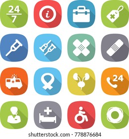 flat vector icon set - 24 7 vector, info, doctor bag, medical label, crutch, patch, ambulance car, harness, kidneys, phone, support manager, hospital, invalid, lifebuoy