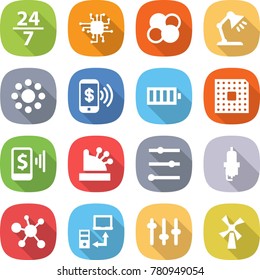 flat vector icon set - 24 7 vector, chip, atom core, table lamp, round around, phone pay, battery, cpu, mobile, cashbox, equalizer, spark plug, virus, data transfer, setup, windmill