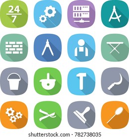 flat vector icon set - 24 7 vector, gear, server, draw compass, brick wall, drawing compasses, workman, iron board, bucket, ladle, hammer, sickle, gears, pruner, scraper, duster