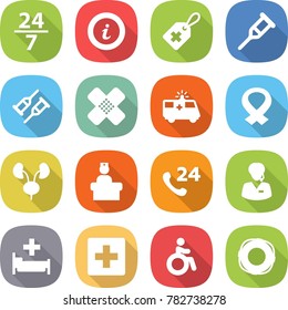 flat vector icon set - 24 7 vector, info, medical label, crutch, patch, ambulance car, harness, kidneys, hospital recieption, phone, support manager, first aid, invalid, lifebuoy