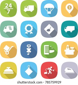 flat vector icon set - 24 7 vector, truck, parachute, dollar pin, delivery, medal, under construction, shipping, trolley, do not hook sign, hotel, reception, service bell, rag, vacuum cleaner, iron