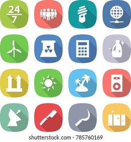 flat vector icon set - 24 7 vector, team, bulb, globe connect, windmill, nuclear power, calculator, cleanser, cargo top sign, sun, island, speaker, satellite antenna, chef knife, sickle