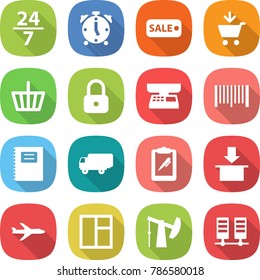 flat vector icon set - 24 7 vector, alarm clock, sale, add to cart, basket, lock, market scales, bar code, copybook, shipping, clipboard pen, package, plane, window, oil pump, server