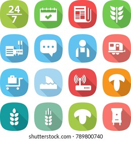 flat vector icon set - 24 7 vector, calendar, newspaper, spikelets, mall, sms, workman, trailer, baggage trolley, shark flipper, router, mushroom, spike, hive
