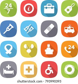 flat vector icon set - 24 7 vector, info, doctor bag, medical label, crutch, patch, ambulance car, harness, kidneys, hospital recieption, phone, first aid, invalid, lifebuoy