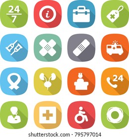 flat vector icon set - 24 7 vector, info, doctor bag, medical label, crutch, patch, ambulance car, harness, kidneys, hospital recieption, phone, support manager, first aid, invalid, lifebuoy