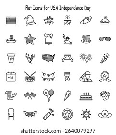 Flat vector icon set of 36 elements for 4th of July, featuring patriotic items like flags, fireworks, food, eagle, liberty, and celebration symbols.