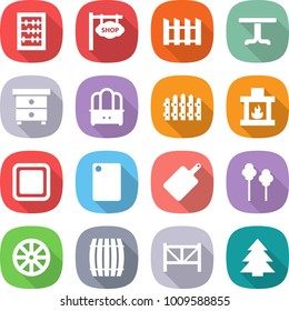 flat vector icon set - abacus vector, shop signboard, fence, table, nightstand, dresser, fireplace, cutting board, trees, wheel, barrel, farm, spruce