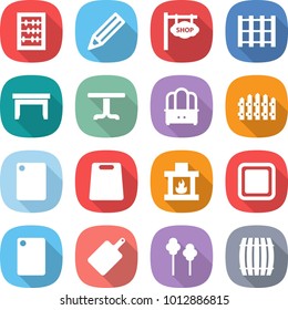 flat vector icon set - abacus vector, pencil, shop signboard, pallet, table, dresser, fence, cutting board, fireplace, trees, barrel