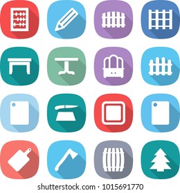 flat vector icon set - abacus vector, pencil, fence, pallet, table, dresser, cutting board, axe, barrel, spruce