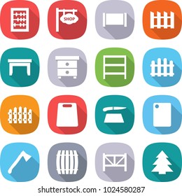 flat vector icon set - abacus vector, shop signboard, fence, table, nightstand, rack, cutting board, axe, barrel, farm, spruce