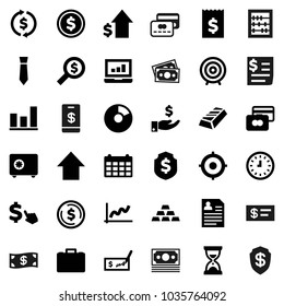Flat vector icon set - abacus vector, exchange, dollar coin, graph, gold ingot, pie, laptop, credit card, case, investment, growth, check, receipt, money search, clock, target, sand, arrow up, tie