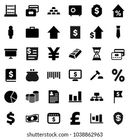 Flat vector icon set - abacus vector, graph, gold ingot, pie, credit card, cash, percent growth, case, dollar, coin stack, auction, annual report, man, sand clock, arrow up, presentation board, flag