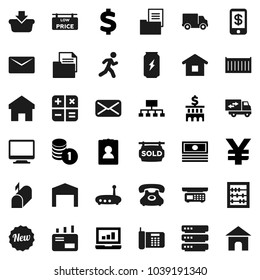 Flat vector icon set - abacus vector, laptop graph, cash, coin stack, bank building, personal information, hierarchy, yen sign, dollar, enegry drink, run, phone, sea container, delivery, document