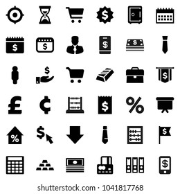 Flat vector icon set - abacus vector, gold ingot, cart, credit card, cash, percent growth, manager, case, investment, calculator, receipt, target, man, binder, sand clock, arrow down, dollar medal