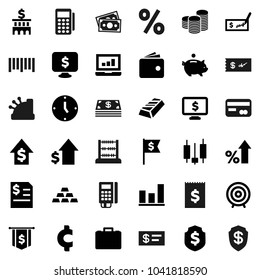Flat vector icon set - abacus vector, graph, gold ingot, japanese candle, laptop, wallet, percent growth, piggy bank, case, dollar, coin stack, check, annual report, building, clock, target, flag