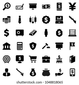 Flat vector icon set - abacus vector, bank, gold ingot, cart, japanese candle, laptop graph, crisis, money bag, manager, case, investment, coin stack, auction, check, building, calculator, search