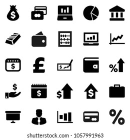 Flat vector icon set - abacus vector, bank, graph, gold ingot, pie, laptop, credit card, wallet, percent growth, money bag, manager, case, investment, dollar, check, presentation board, calendar