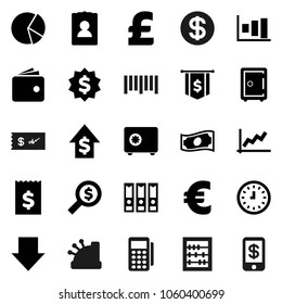 Flat vector icon set - abacus vector, graph, pie, wallet, cash, dollar growth, receipt, money search, clock, binder, arrow down, medal, flag, personal information, safe, euro sign, pound, barcode