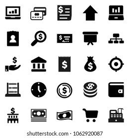 Flat vector icon set - abacus vector, bank, dollar coin, cart, laptop graph, wallet, cash, money bag, investment, check, building, search, clock, target, arrow up, presentation board, hierarchy