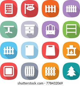flat vector icon set - abacus vector, shop signboard, fence, table, nightstand, dresser, rack, cutting board, fireplace, barrel, spruce