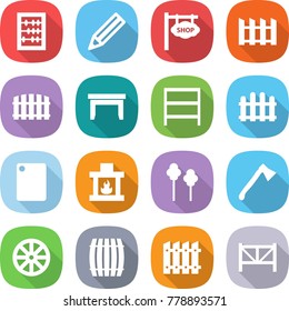 flat vector icon set - abacus vector, pencil, shop signboard, fence, table, rack, cutting board, fireplace, trees, axe, wheel, barrel, farm