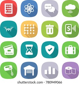 flat vector icon set - abacus vector, atom, discussion, cloud wireless, drone, chip, bin, mobile pay, credit card, sand clock, protected, suitcase, mixer, garage, chart, toilet paper