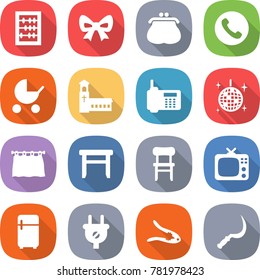 flat vector icon set - abacus vector, bow, purse, phone, baby stroller, church, disco ball, curtain, stool, chair, tv, fridge, plug, walnut crack, sickle