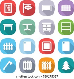 flat vector icon set - abacus vector, shop signboard, fence, table, nightstand, rack, cutting board, axe, barrel, spruce