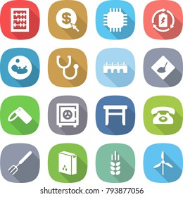 flat vector icon set - abacus vector, dollar arrow, chip, battery charge, pregnancy, stethoscope, bridge, under construction, label, safe, stool, phone, big fork, cereals, spike, windmill