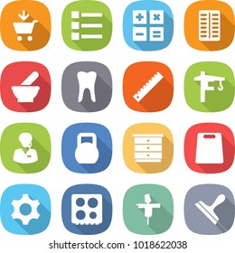 flat vector icon set - add to cart vector, list, calculator, pills blister, mortar, tooth, ruler, tower crane, support manager, heavy, chest of drawers, cutting board, gear, hob, scarecrow, scraper