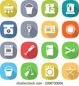 flat vector icon set - air conditioning vector, bucket, coffee maker, kettle, kitchen scales, handle, grill oven, gas, blender, fridge, pruner, vacuum cleaner, washing machine, iron board